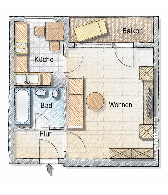 1-Raum-Wohnung Grundriss