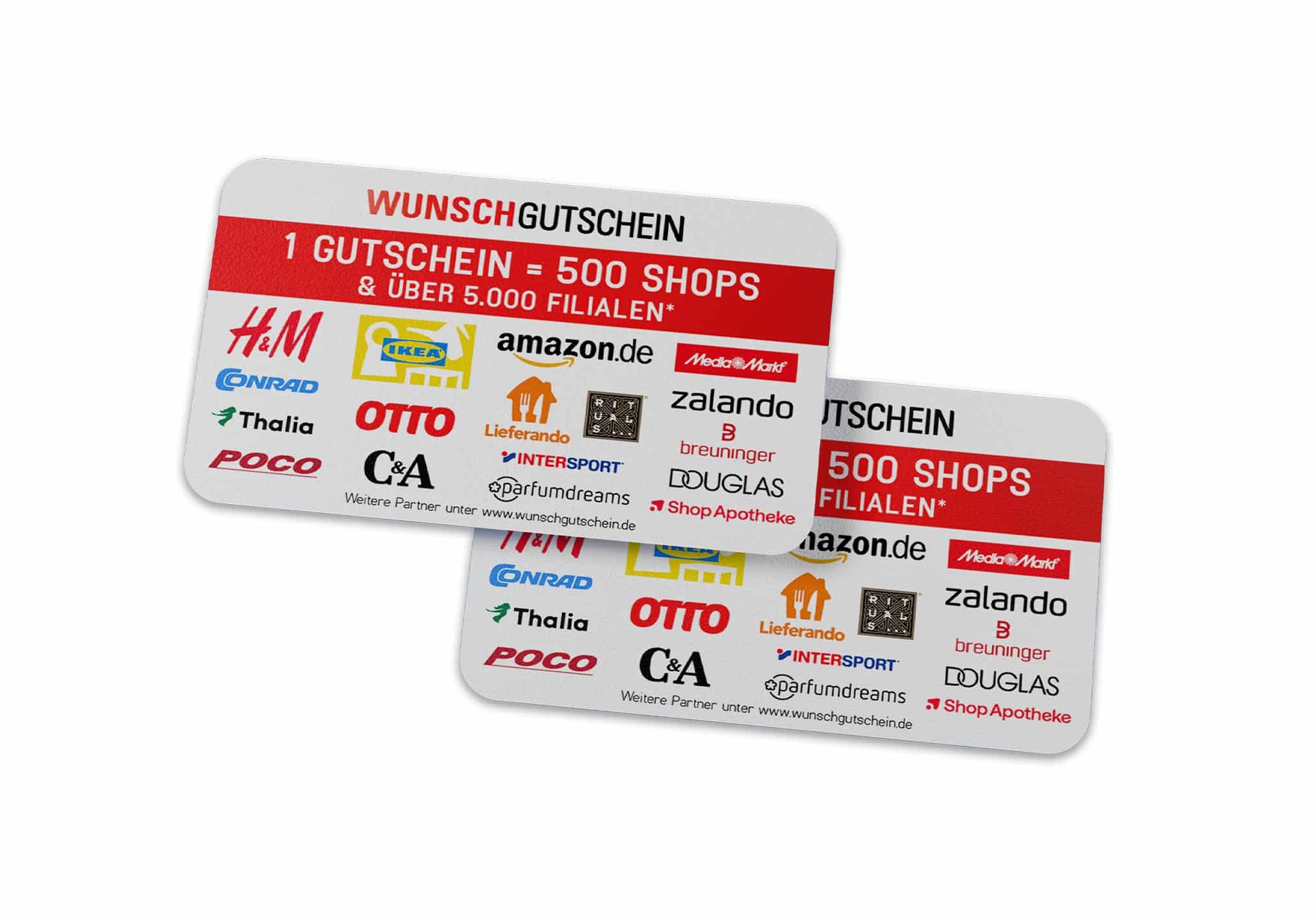 Zwei überlappende Wunschgutschein-Karten mit rotem und weißem Design. Auf den Karten steht ‚1 Gutschein = 500 Shops & über 5.000 Filialen‘. Abgebildet sind Logos verschiedener Partner wie Amazon, IKEA, H&M, MediaMarkt, Zalando, Otto, Thalia, C&A, Douglas, Intersport und weitere.